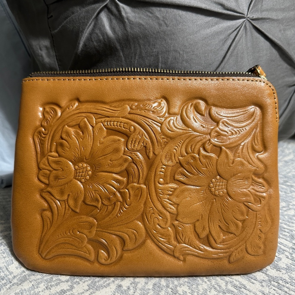 Patricia Nash Brown Floral Embossed Leather Wristlet